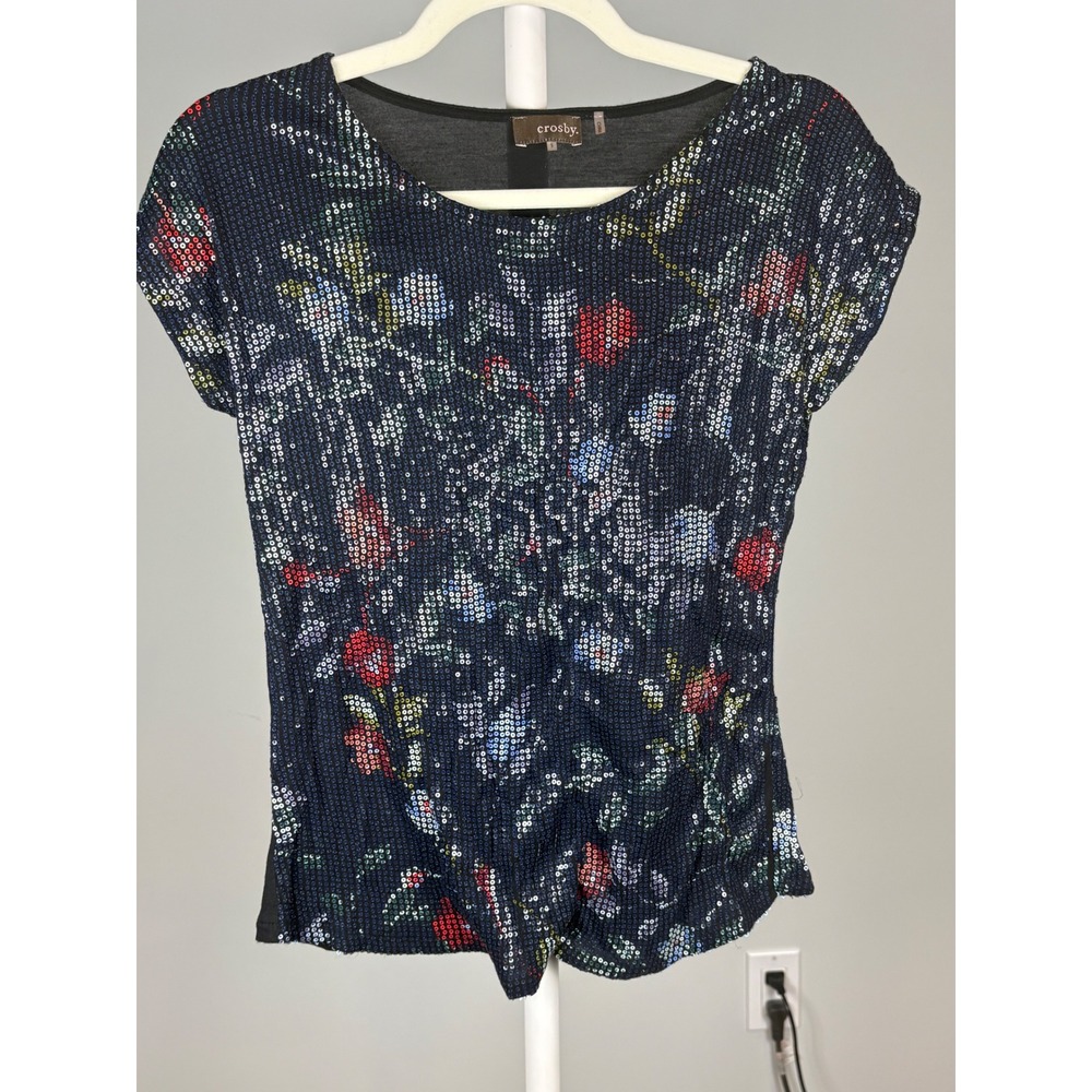 Crosby Women Floral Sequin Front Short Sleeve Top Black Navy Blue Red Small Y2k